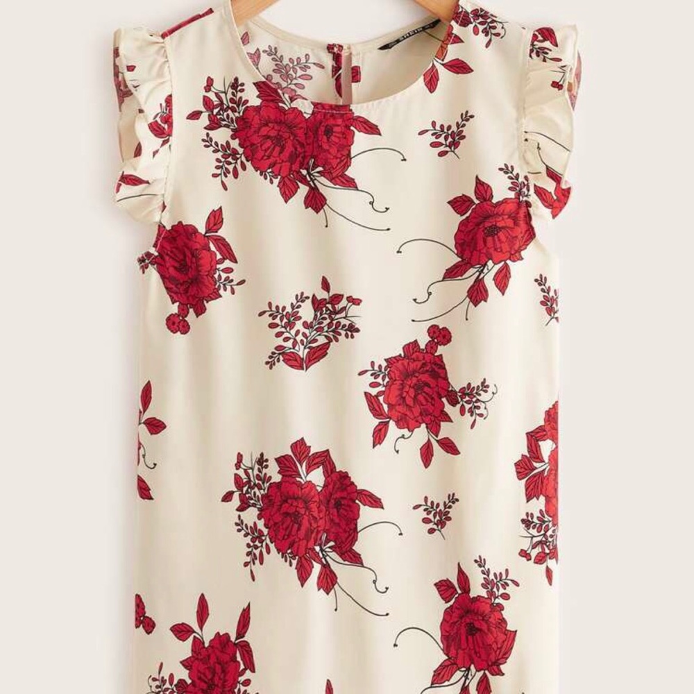 Shein Floral Print Ruffle Armhole Top